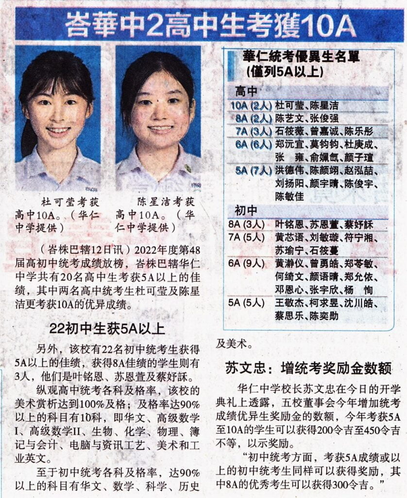 华中20高中生考获5A以上– 峇株吧辖华仁中学资讯网